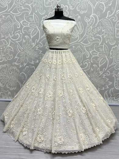 Stunning White Sequins Net Party Wear Lehenga Choli With Dupatta - Ethnic Plus In